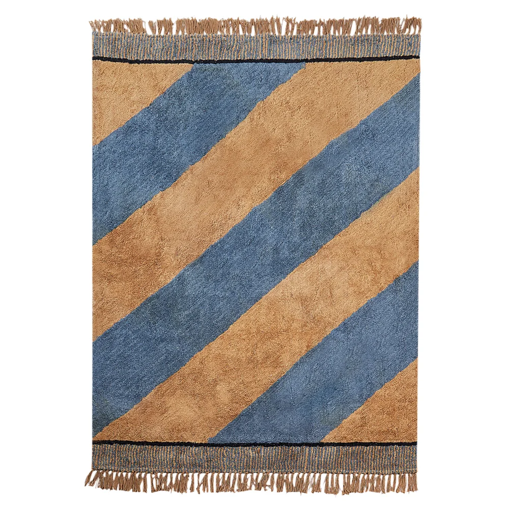 Tappeto blu e  marrone in cotone 140 x 200 cm con motivo a righe e nappe in stile boho per il soggiorno