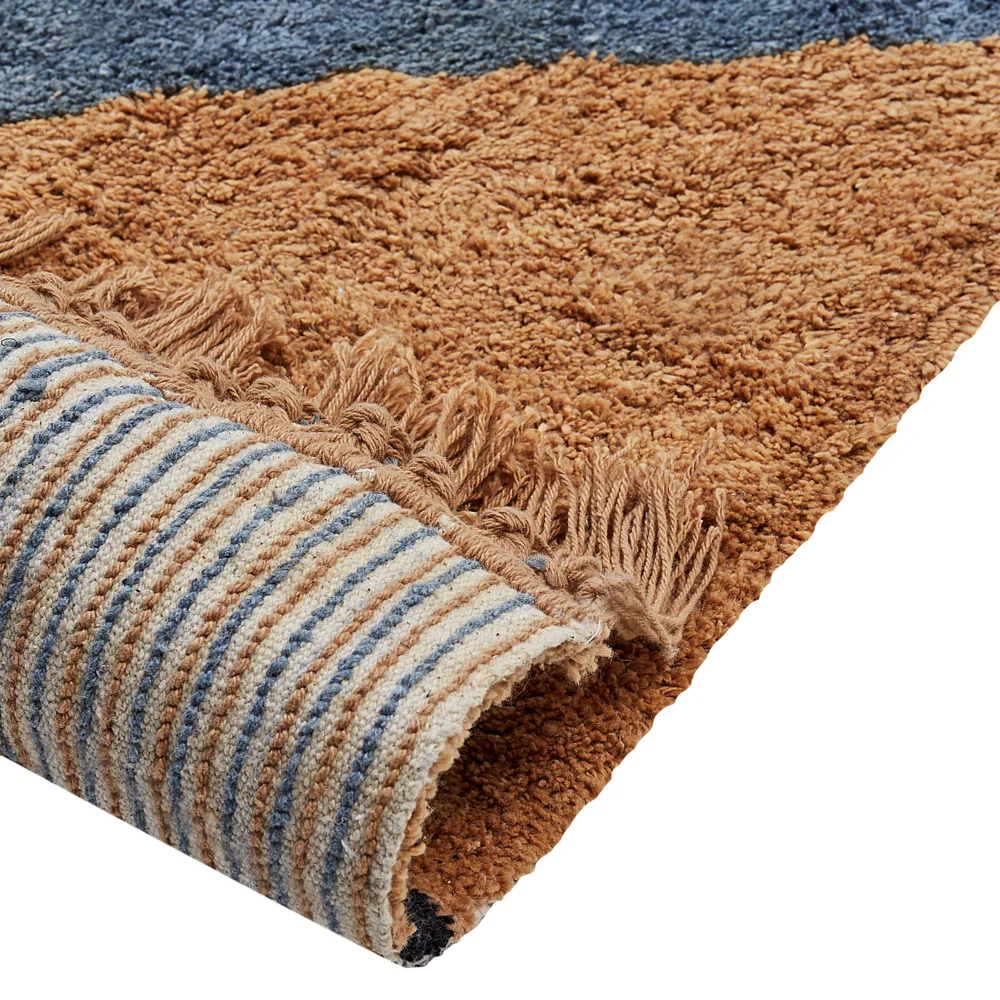 Tappeto blu e  marrone in cotone 140 x 200 cm con motivo a righe e nappe in stile boho per il soggiorno - Image 3
