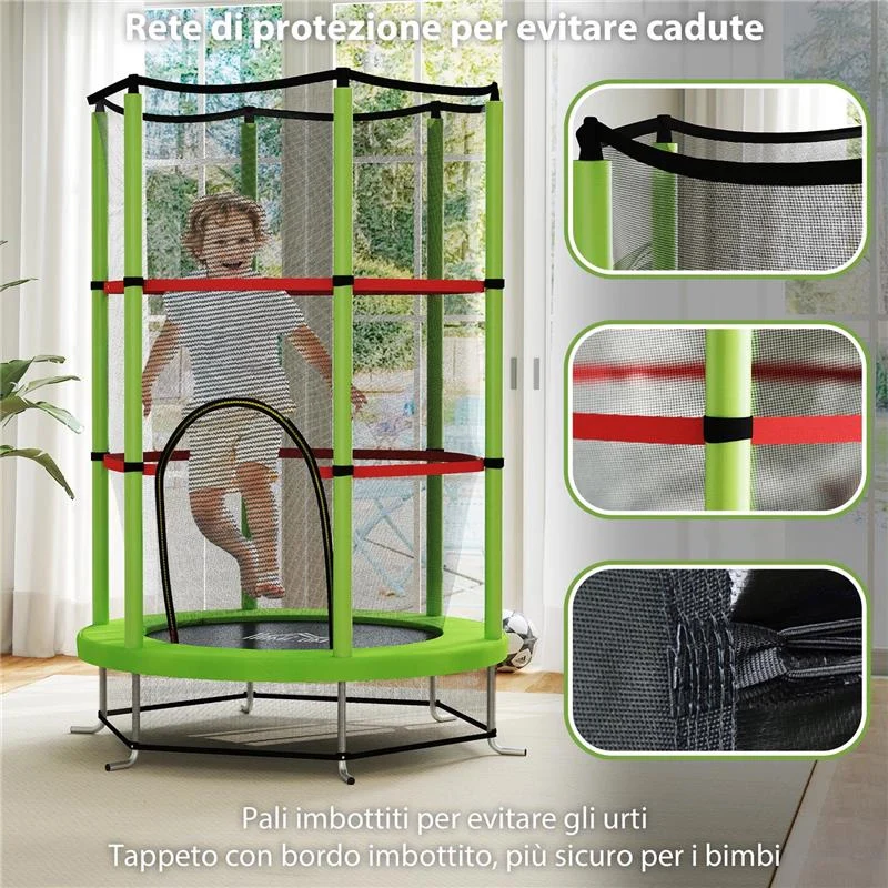 TAPPETO ELASTICO PER BAMBINI 3-6 ANNI CON RETE DI PROTEZIONE 6 COLONNE E 3 INGRESSI Ø 140X190 CM VERDE E NERO - Image 3