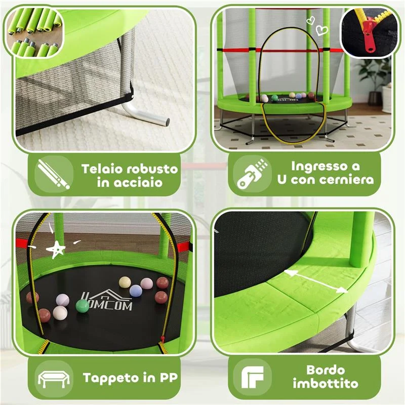 TAPPETO ELASTICO PER BAMBINI 3-6 ANNI CON RETE DI PROTEZIONE 6 COLONNE E 3 INGRESSI Ø 140X190 CM VERDE E NERO - Image 4