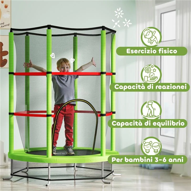 TAPPETO ELASTICO PER BAMBINI 3-6 ANNI CON RETE DI PROTEZIONE 6 COLONNE E 3 INGRESSI Ø 140X190 CM VERDE E NERO - Image 8