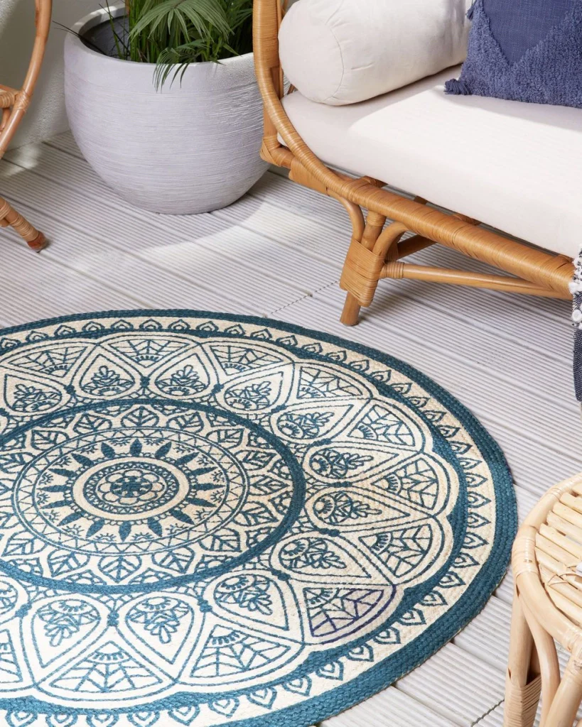 Tappeto tappetino Canapa Blu ø 120 cm Rotondo Intrecciato a Mano Oriental Boho - Image 3