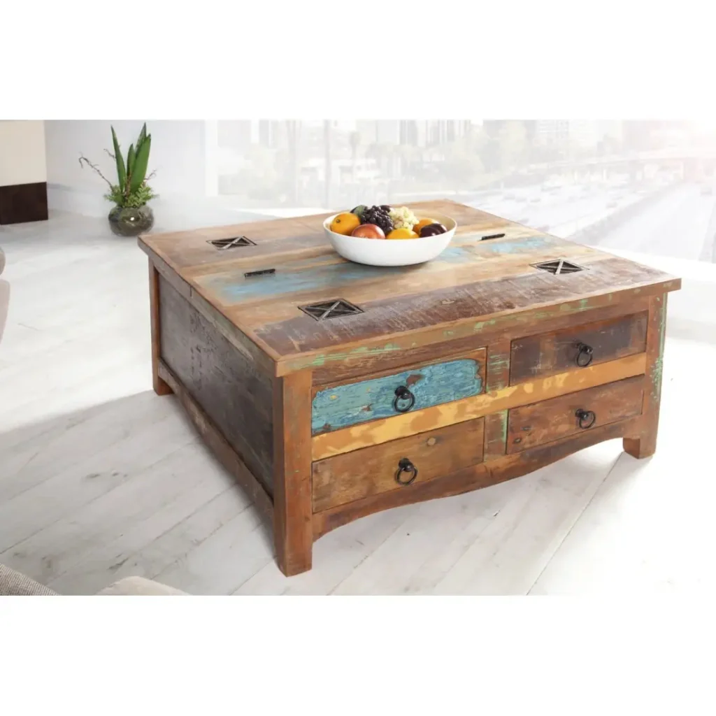 Tavolino PATCHWOOD quadrato 70 cm in legno riciclato multicolore con cassetti e baule - Image 2