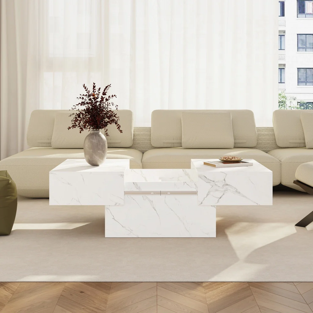 Tavolino Centrale Lens da Salotto con Piano Scorrevole 80 x 60 x 36 cm - Effetto Marmo Bianco [en.casa] - Image 2