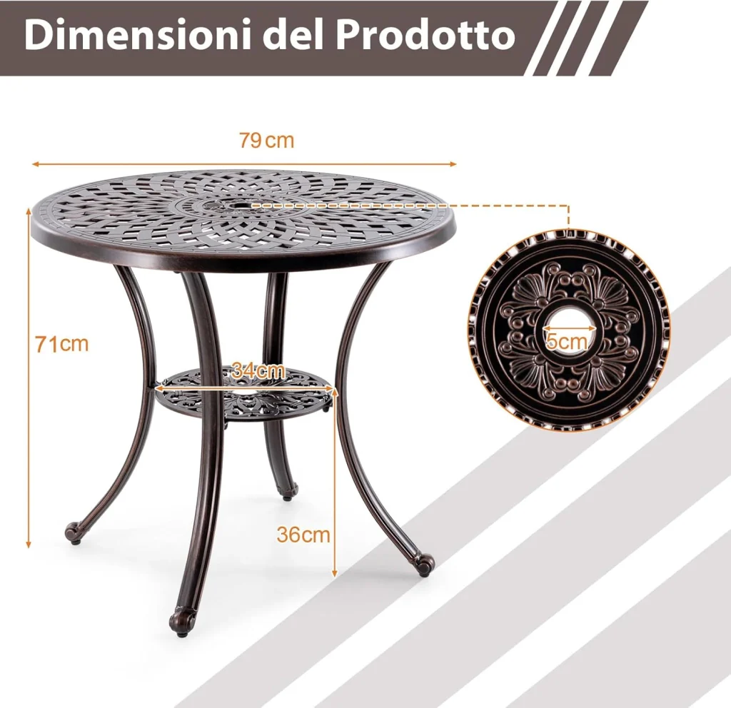 Tavolino da Giardino in Alluminio Pressofuso, Tavolino Rotondo da 79 cm con Foro per Ombrellone, Ripiano Inferiore, per Giardino, Portico e Balcone, Portato Totalo 90 kg - Image 3