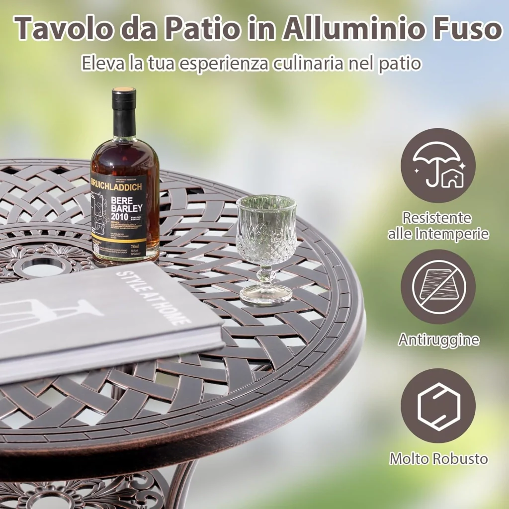 Tavolino da Giardino in Alluminio Pressofuso, Tavolino Rotondo da 79 cm con Foro per Ombrellone, Ripiano Inferiore, per Giardino, Portico e Balcone, Portato Totalo 90 kg - Image 4