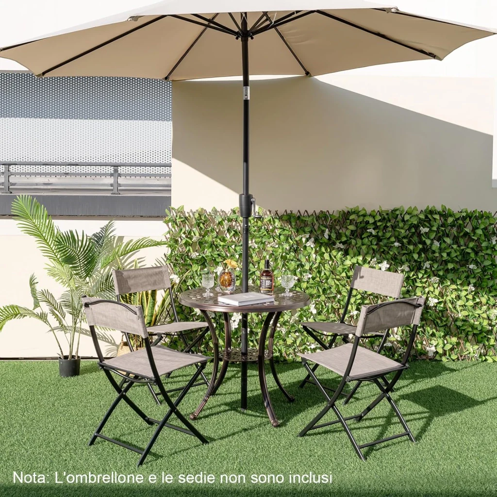 Tavolino da Giardino in Alluminio Pressofuso, Tavolino Rotondo da 79 cm con Foro per Ombrellone, Ripiano Inferiore, per Giardino, Portico e Balcone, Portato Totalo 90 kg - Image 9