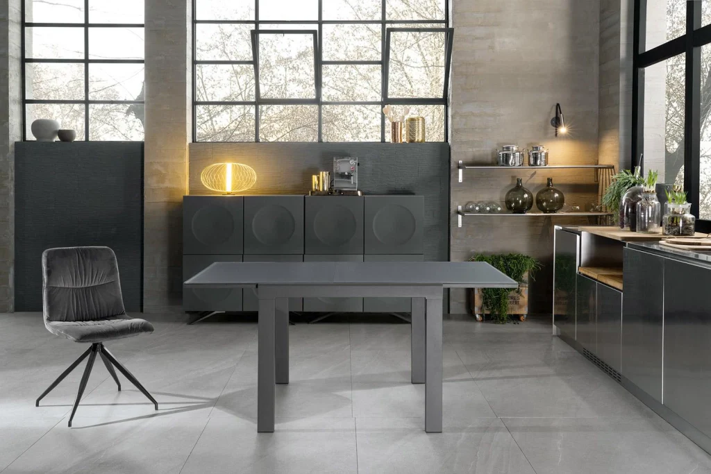 Tavolo Allungabile 90/163,5x90x76 cm in Metallo con Top in Vetro Grigio - Image 3