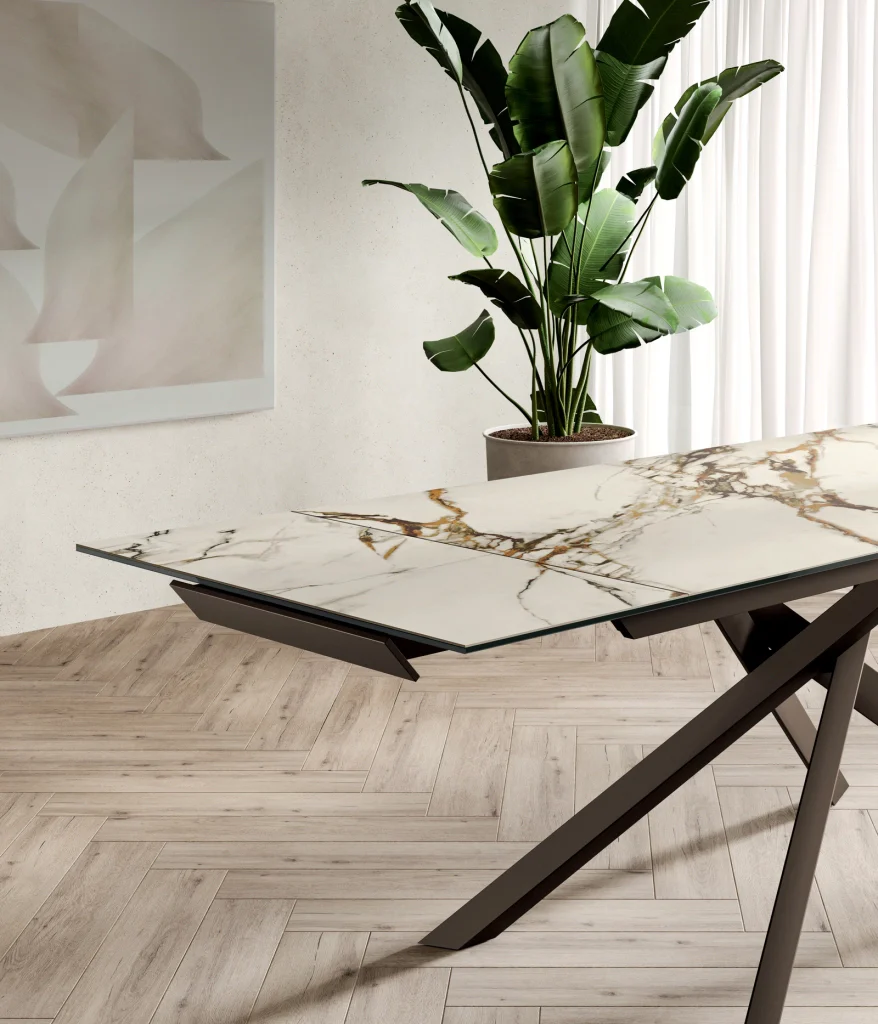 Tavolo Allungabile Cross con Top in Ceramica Calacatta Borghini e Gambe in Metallo Bronzo 160/240x90 cm - Stones - Image 3