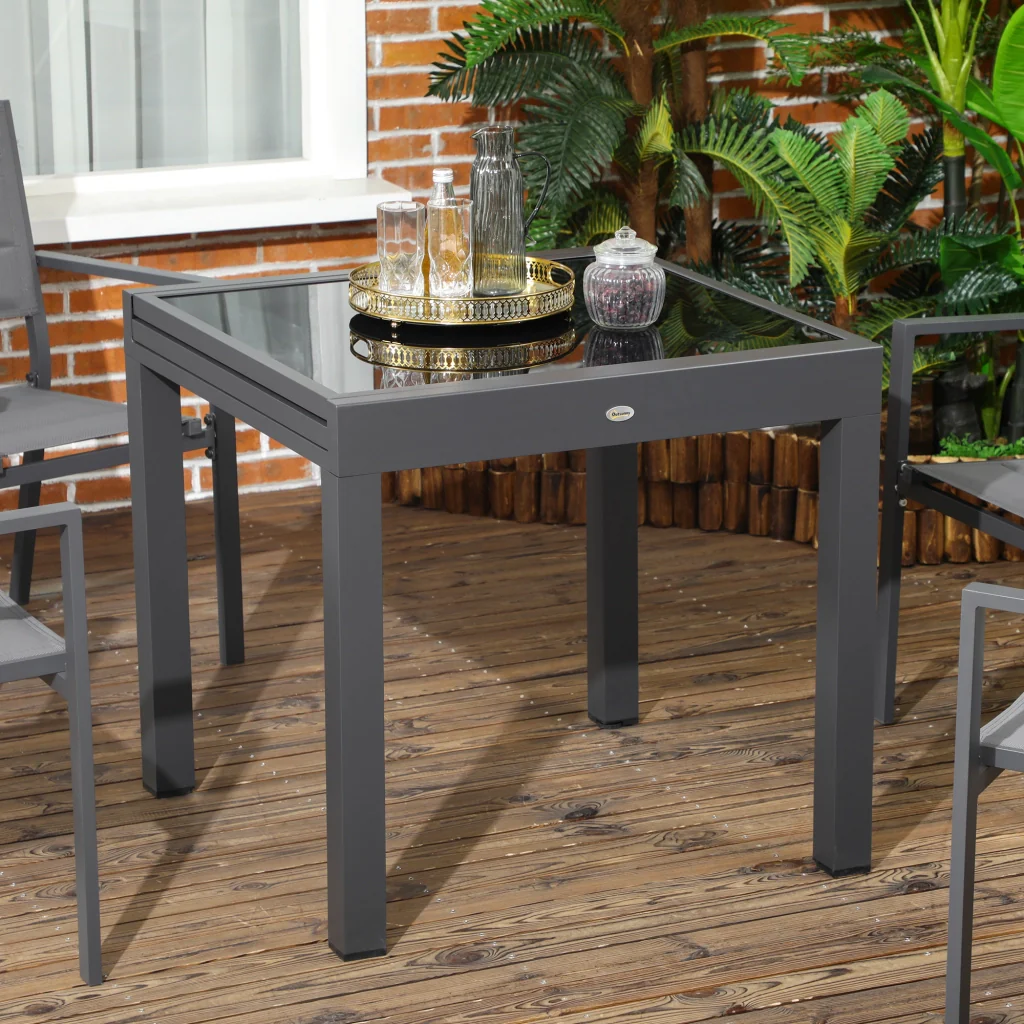 Tavolo Allungabile da Giardino 80-160x80x75 cm con Piano in Vetro e Alluminio Nero - Image 7