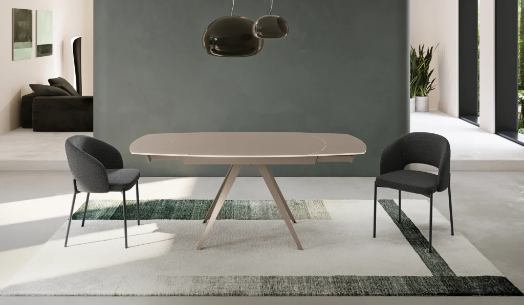 Tavolo Allungabile Kyoto 120 con Top in Vetro Tortora e Struttura in Metallo Tortora Opaco - Stones