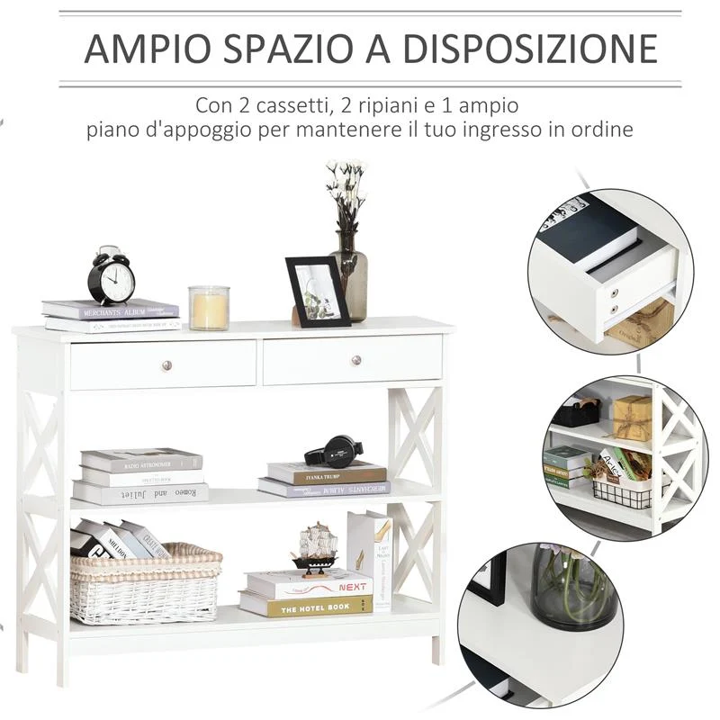 TAVOLO CONSOLLE CON 2 CASSETTI E 2 MENSOLE IN MDF 100 X 30.5 X 80 CM BIANCO - Image 8