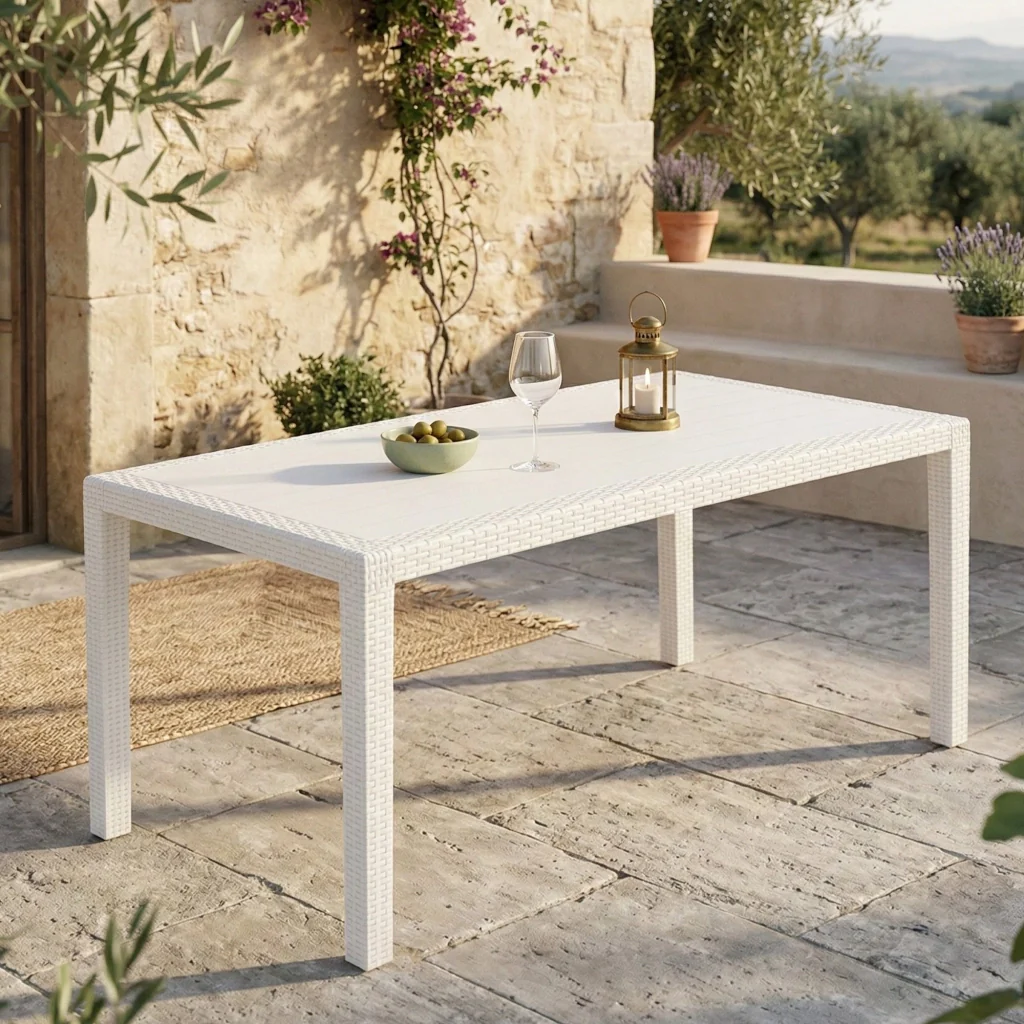 Tavolo da esterno Arca, Tavolo fisso rettangolare, Tavolo da giardino multiuso effetto rattan, 100% Made in Italy, Cm 138x78h72, Bianco - Image 2