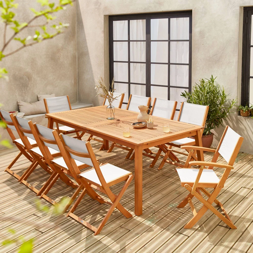 Set tavolo da giardino allungabile in legno con 10 sedie, marrone - Image 3