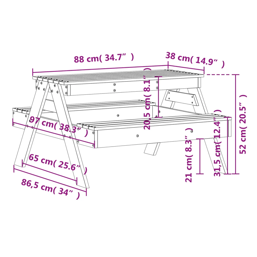 Tavolo da Picnic per Bambini 88x97x52 cm Legno Massello Douglas 832599 - Image 9