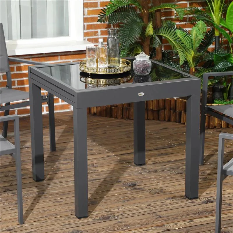 TAVOLO DA PRANZO ALLUNGABILE DA GIARDINO CON PIANO IN VETRO E ALLUMINIO 80-160X80X75 CM NERO - Image 2
