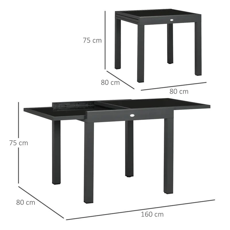 TAVOLO DA PRANZO ALLUNGABILE DA GIARDINO CON PIANO IN VETRO E ALLUMINIO 80-160X80X75 CM NERO - Image 4