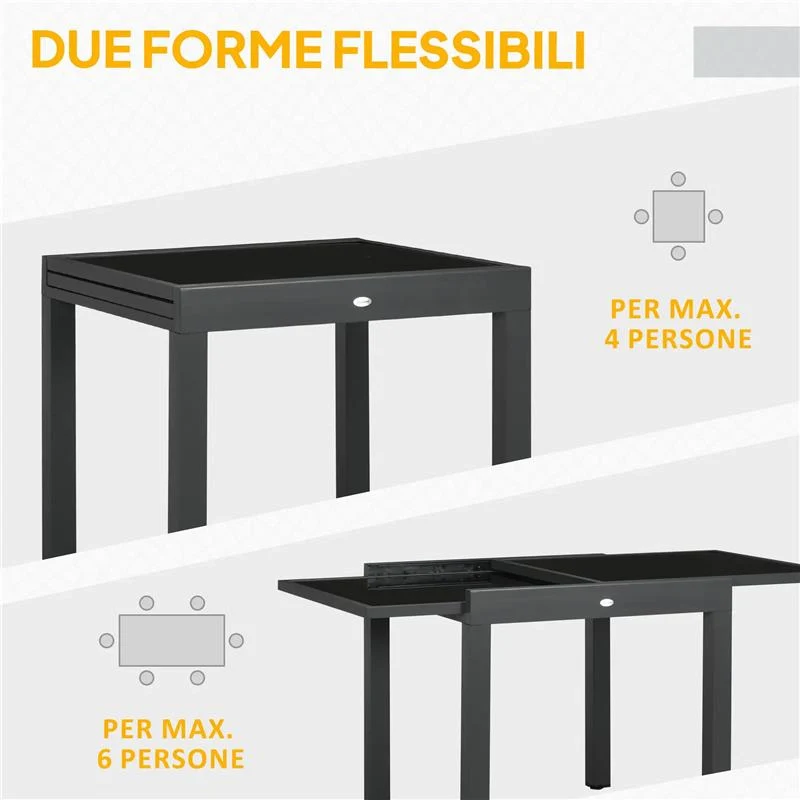 TAVOLO DA PRANZO ALLUNGABILE DA GIARDINO CON PIANO IN VETRO E ALLUMINIO 80-160X80X75 CM NERO - Image 5