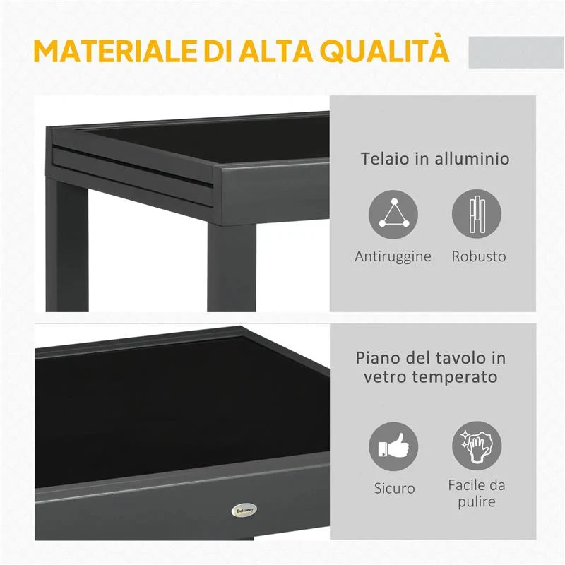 TAVOLO DA PRANZO ALLUNGABILE DA GIARDINO CON PIANO IN VETRO E ALLUMINIO 80-160X80X75 CM NERO - Image 6
