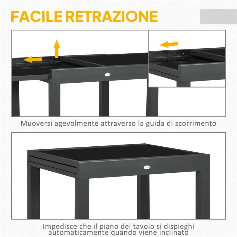 TAVOLO DA PRANZO ALLUNGABILE DA GIARDINO CON PIANO IN VETRO E ALLUMINIO 80-160X80X75 CM NERO - Image 8