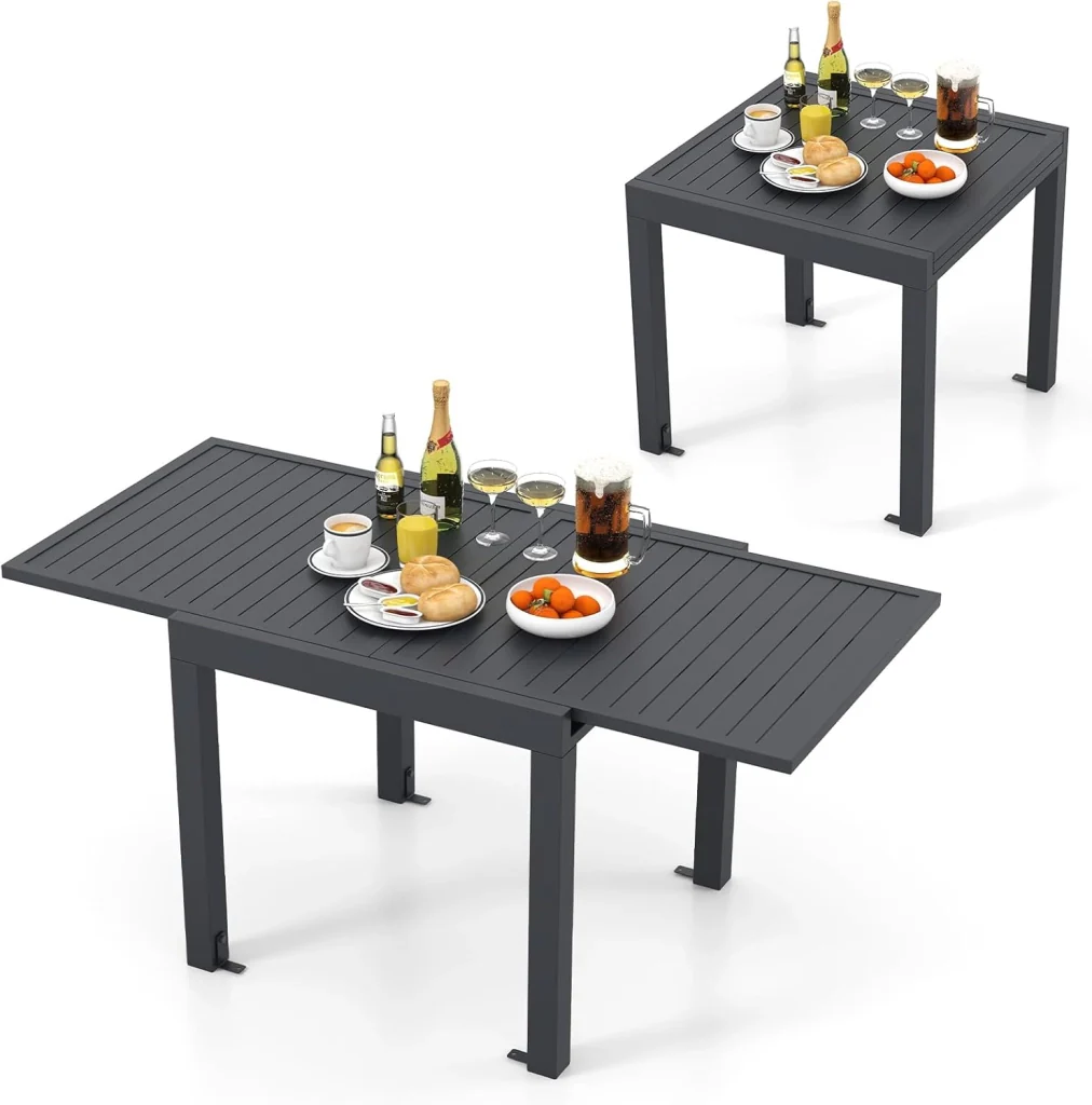 Tavolo da Pranzo Espandibile da Giardino, Tavolo Alluminio Estendibile 80/160 cm, Piano Tavolo a Doghe, Tavolo Quadrato Rettangolare per Cortile, Portata 160 kg, 80/160 x 80 x 75 cm