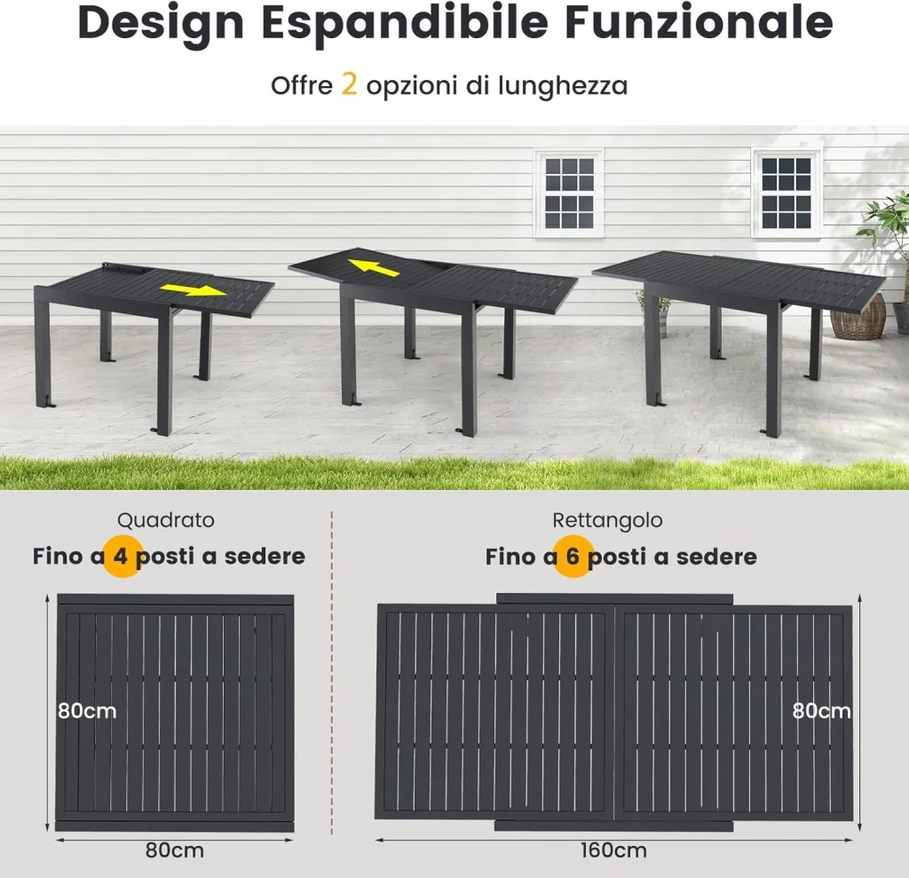 Tavolo da Pranzo Espandibile da Giardino, Tavolo Alluminio Estendibile 80/160 cm, Piano Tavolo a Doghe, Tavolo Quadrato Rettangolare per Cortile, Portata 160 kg, 80/160 x 80 x 75 cm - Image 4