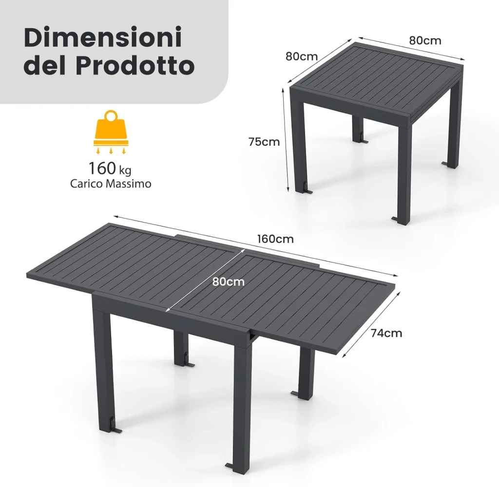 Tavolo da Pranzo Espandibile da Giardino, Tavolo Alluminio Estendibile 80/160 cm, Piano Tavolo a Doghe, Tavolo Quadrato Rettangolare per Cortile, Portata 160 kg, 80/160 x 80 x 75 cm - Image 5