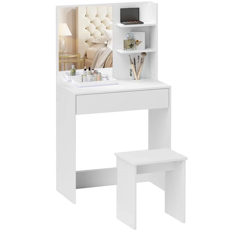 TAVOLO DA TRUCCO A 3 RIPIANI E CASSETTI CON SPECCHIO E SGABELLO, IN TRUCIOLATO, 75X40X137 CM, BIANCO