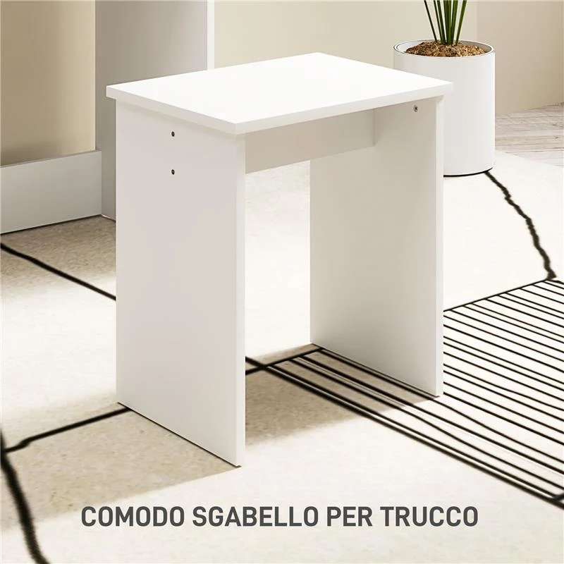 TAVOLO DA TRUCCO A 3 RIPIANI E CASSETTI CON SPECCHIO E SGABELLO, IN TRUCIOLATO, 75X40X137 CM, BIANCO - Image 2