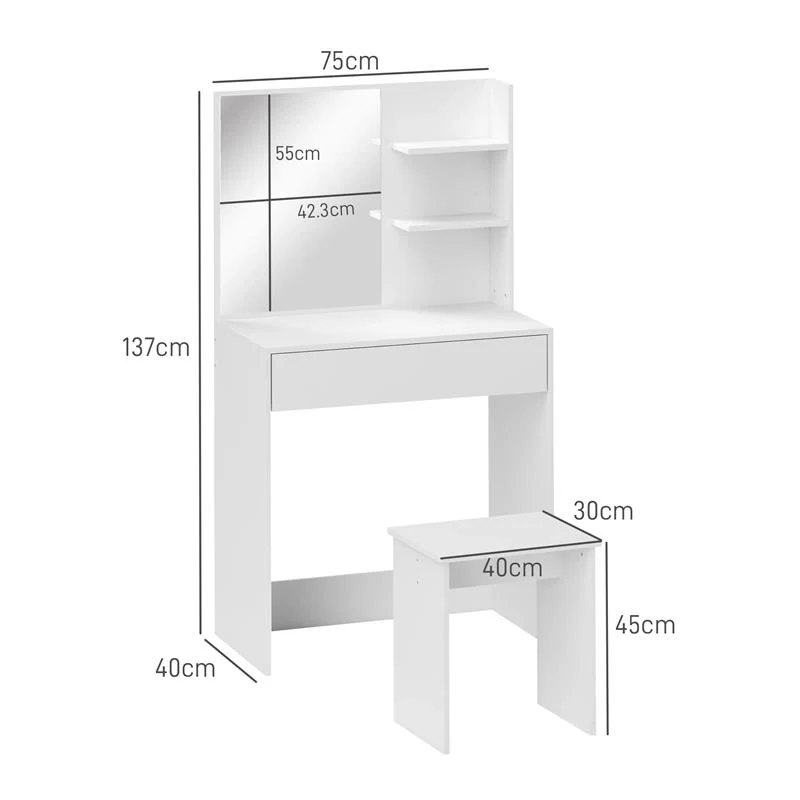 TAVOLO DA TRUCCO A 3 RIPIANI E CASSETTI CON SPECCHIO E SGABELLO, IN TRUCIOLATO, 75X40X137 CM, BIANCO - Image 4