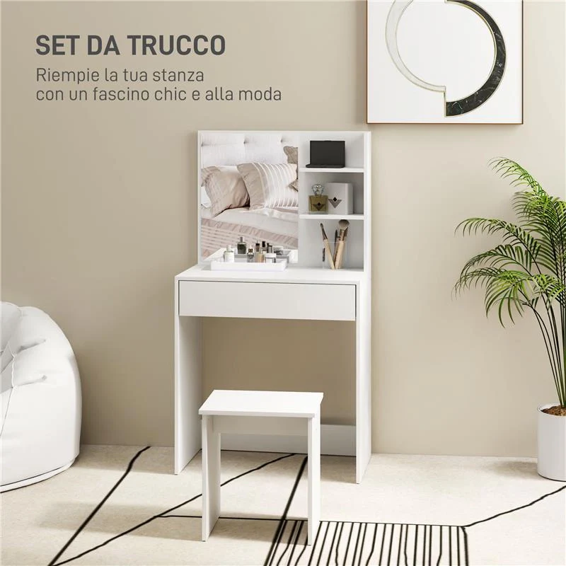 TAVOLO DA TRUCCO A 3 RIPIANI E CASSETTI CON SPECCHIO E SGABELLO, IN TRUCIOLATO, 75X40X137 CM, BIANCO - Image 6
