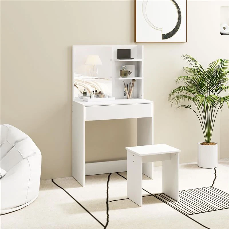 TAVOLO DA TRUCCO A 3 RIPIANI E CASSETTI CON SPECCHIO E SGABELLO, IN TRUCIOLATO, 75X40X137 CM, BIANCO - Image 8