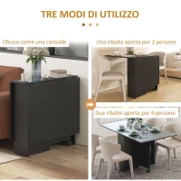 Tavolo Pieghevole Salvaspazio a 2 Ribalte per 6 Persone con Ripiani e Ruote, Nero - Image 4