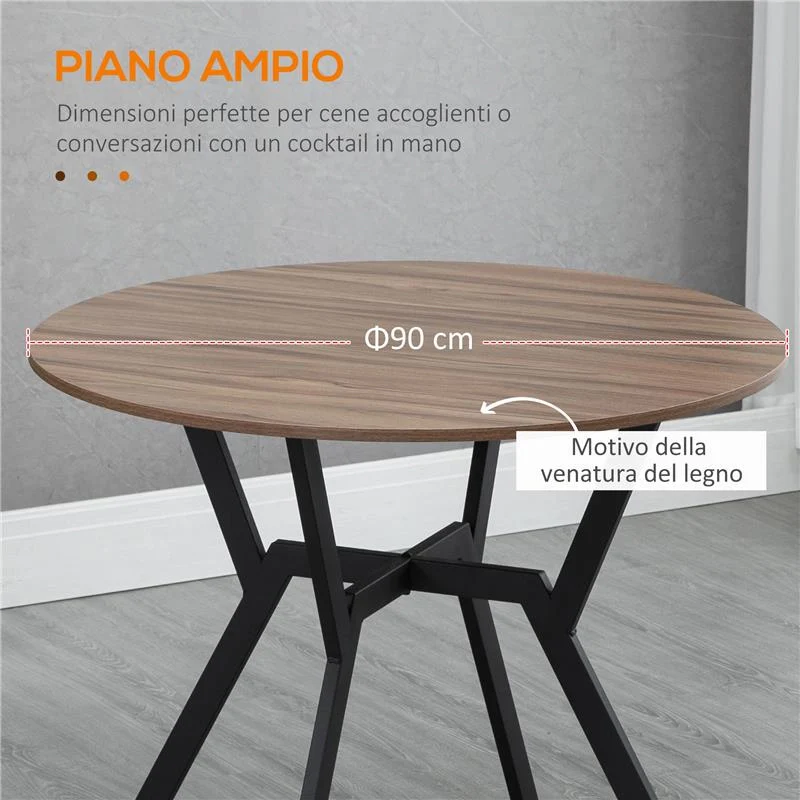TAVOLO ROTONDO DA SOGGIORNO PER 2 PERSONE CON SOSTEGNO A X, IN LEGNO E ACCIAIO,Ø90 X 76AH CM, NERO E MARRONE - Image 6