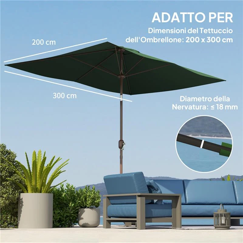 TELO DI RICAMBIO PER OMBRELLONE RETTANGOLARE 3X2 M A 6 STECCHE POLIESTERE ANTI UV 50+ VERDE - Image 2