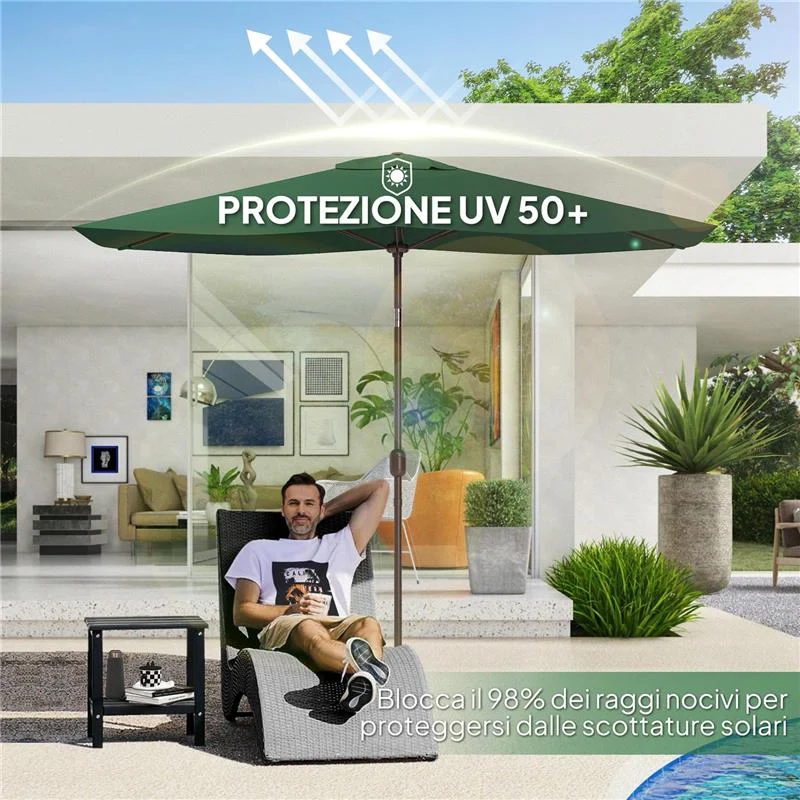 TELO DI RICAMBIO PER OMBRELLONE RETTANGOLARE 3X2 M A 6 STECCHE POLIESTERE ANTI UV 50+ VERDE - Image 5