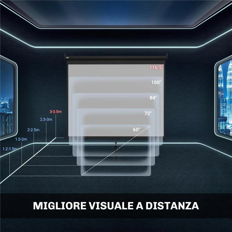 TELO PROIETTORE 120" REGOLABILE CON MONTAGGIO A SOFFITTO E PARETE, FORMATO 4:3, 244X183CM, BIANCO E NERO - Image 10