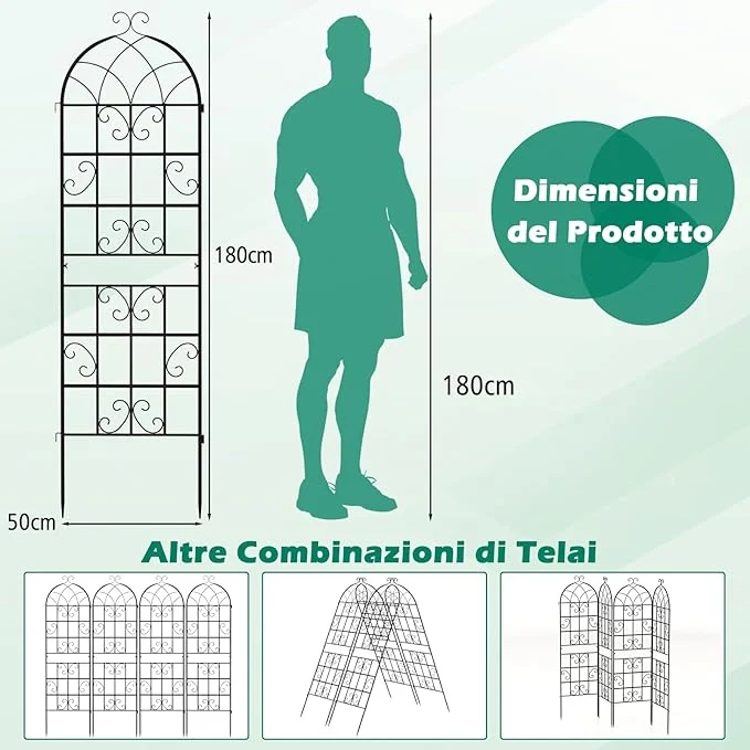 Traliccio da Giardino in Metallo 180 x 50 CM, Set di 2/4 Pannelli di Recinzione da Esterno per Piante Rampicanti, Decorazione Esterna per Giardino, Cortile e Patio (4 Pannelli) - Image 6