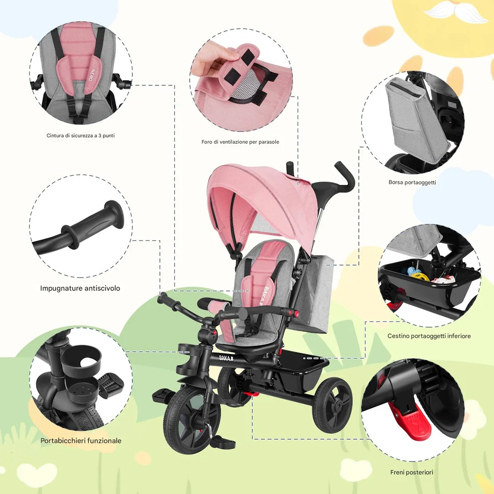 Triciclo per Bambini 5in1 Cappottina Pedali e Manico Antiscivolo Ergonomico Rosa - Image 3