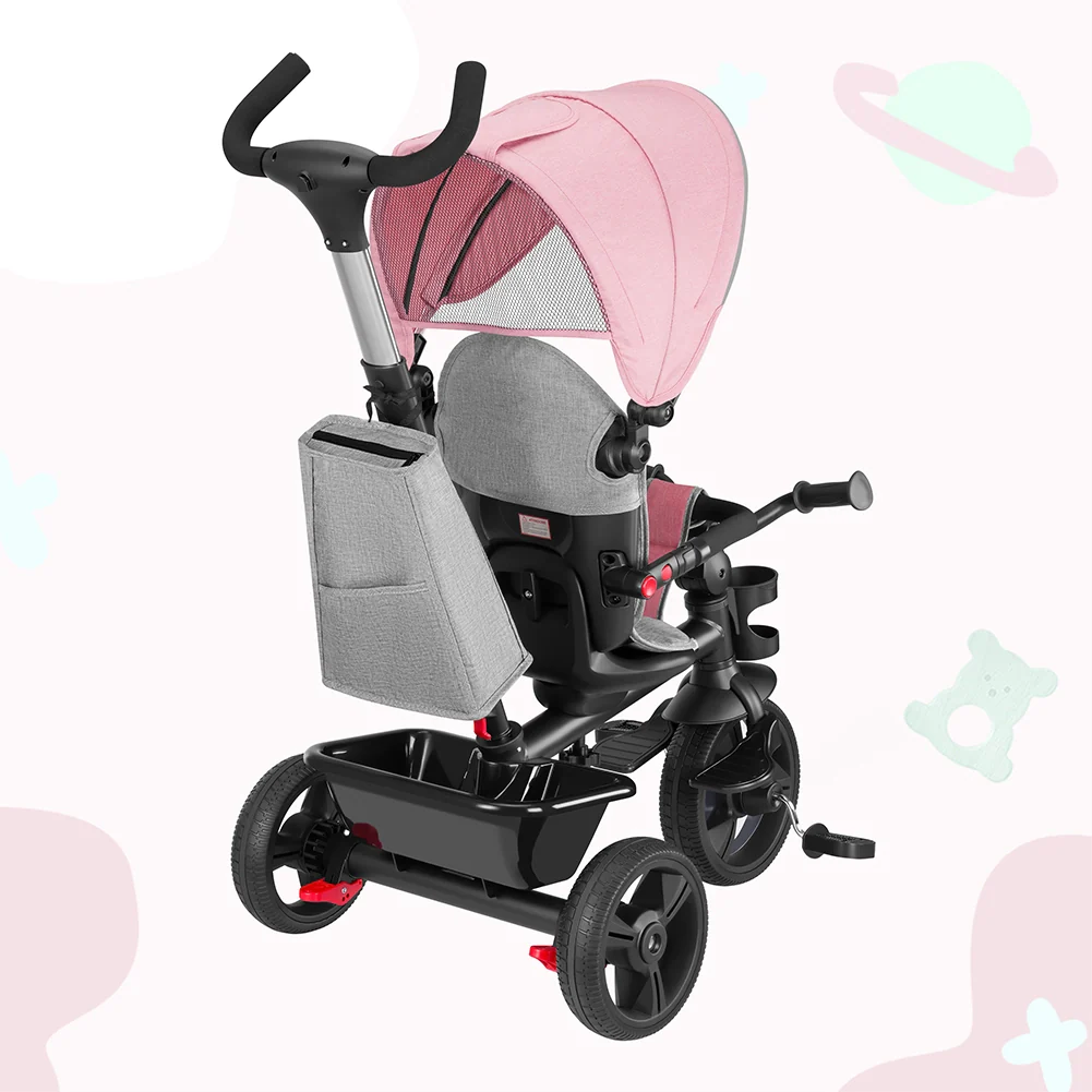Triciclo per Bambini 5in1 Cappottina Pedali e Manico Antiscivolo Ergonomico Rosa - Image 5