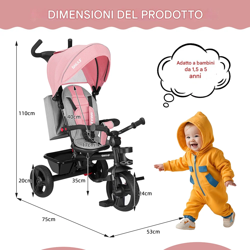 Triciclo per Bambini 5in1 Cappottina Pedali e Manico Antiscivolo Ergonomico Rosa - Image 6