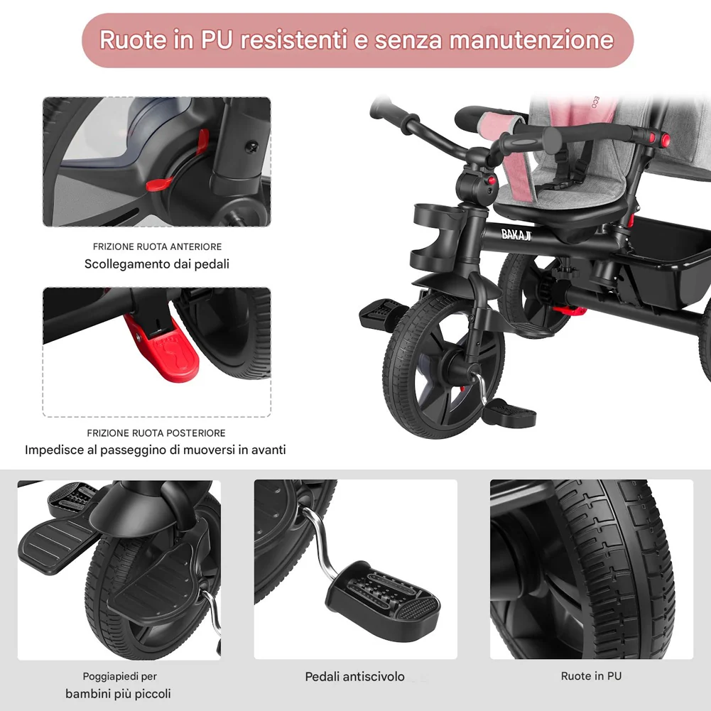 Triciclo per Bambini 5in1 Cappottina Pedali e Manico Antiscivolo Ergonomico Rosa - Image 7