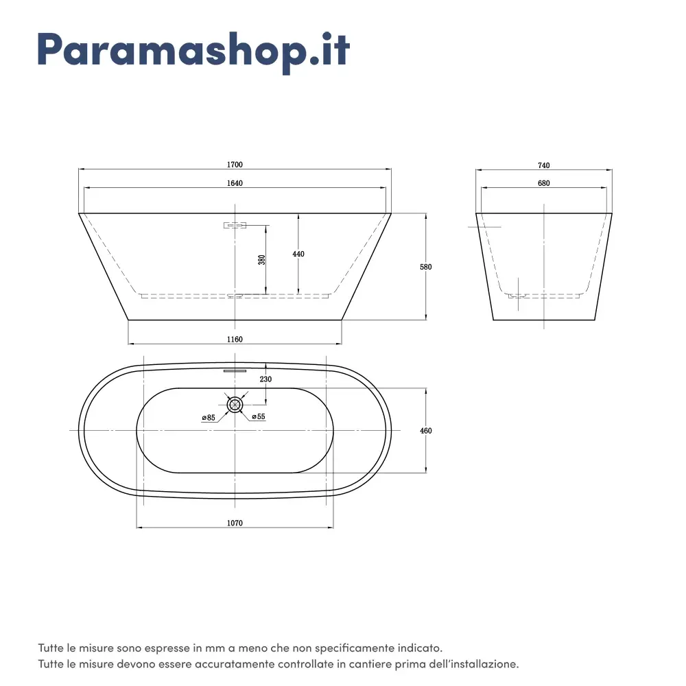Vasca da bagno freestanding 170cm bianco lucido Mod. Ginevra - Image 3