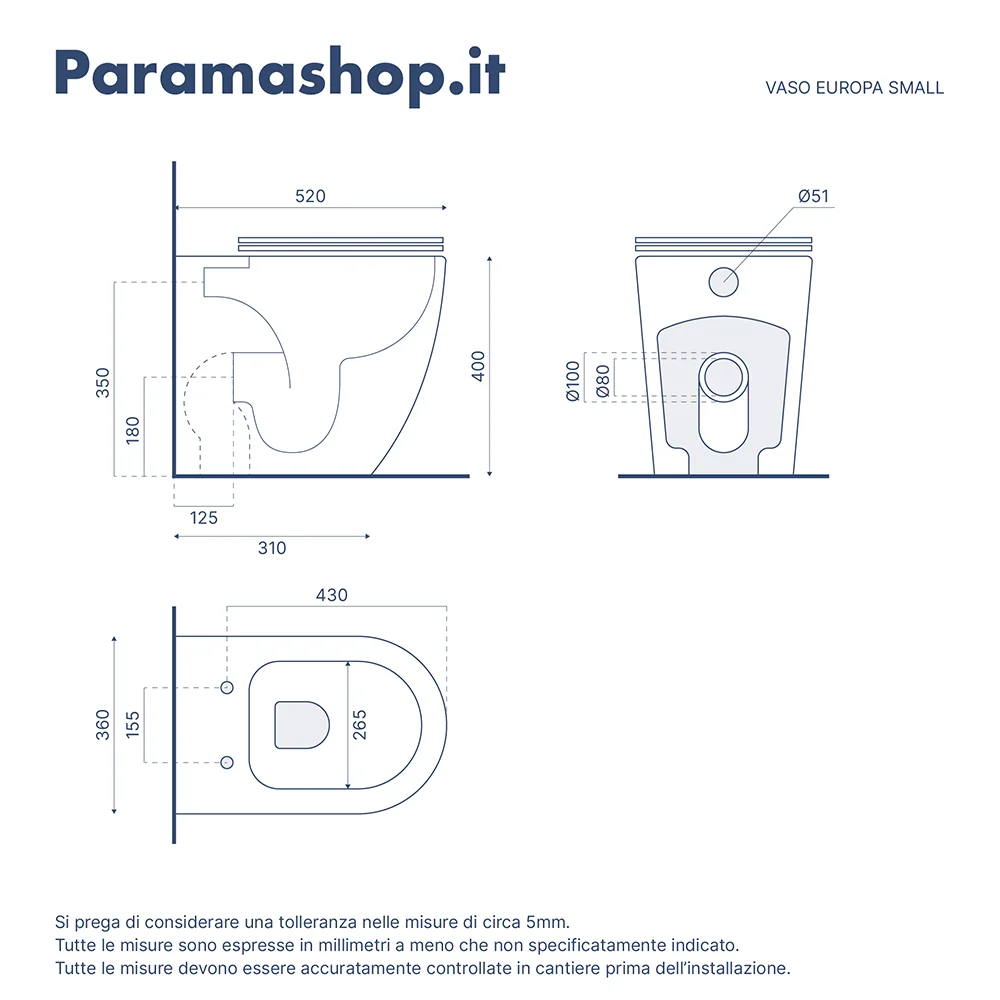 Vaso WC filomuro rimless in ceramica bianco opaco con sedile soft-close | Europa Small - Image 6