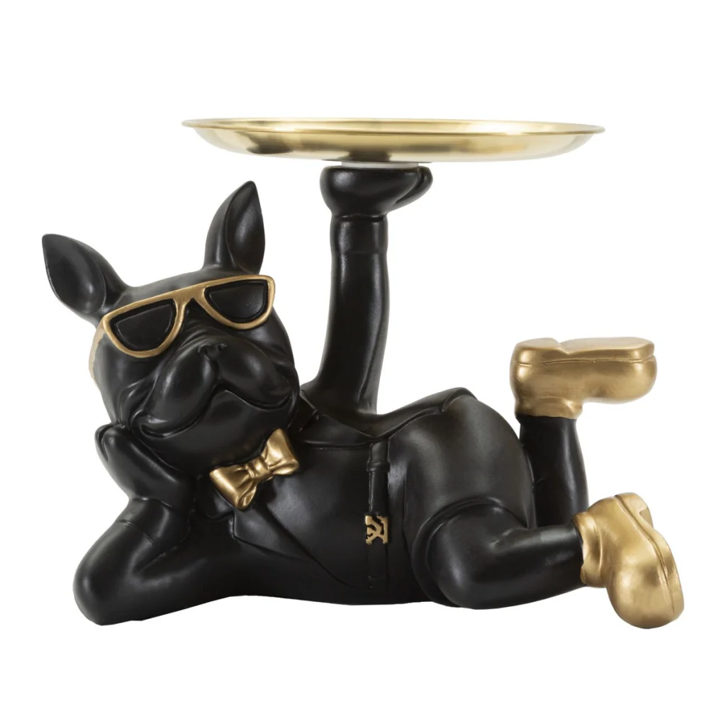 Scultura Cane Rover svuotatasche in resina nera e metallo oro