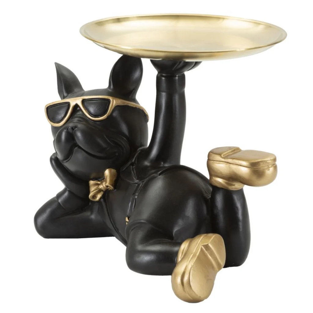 Scultura Cane Rover svuotatasche in resina nera e metallo oro - Image 4