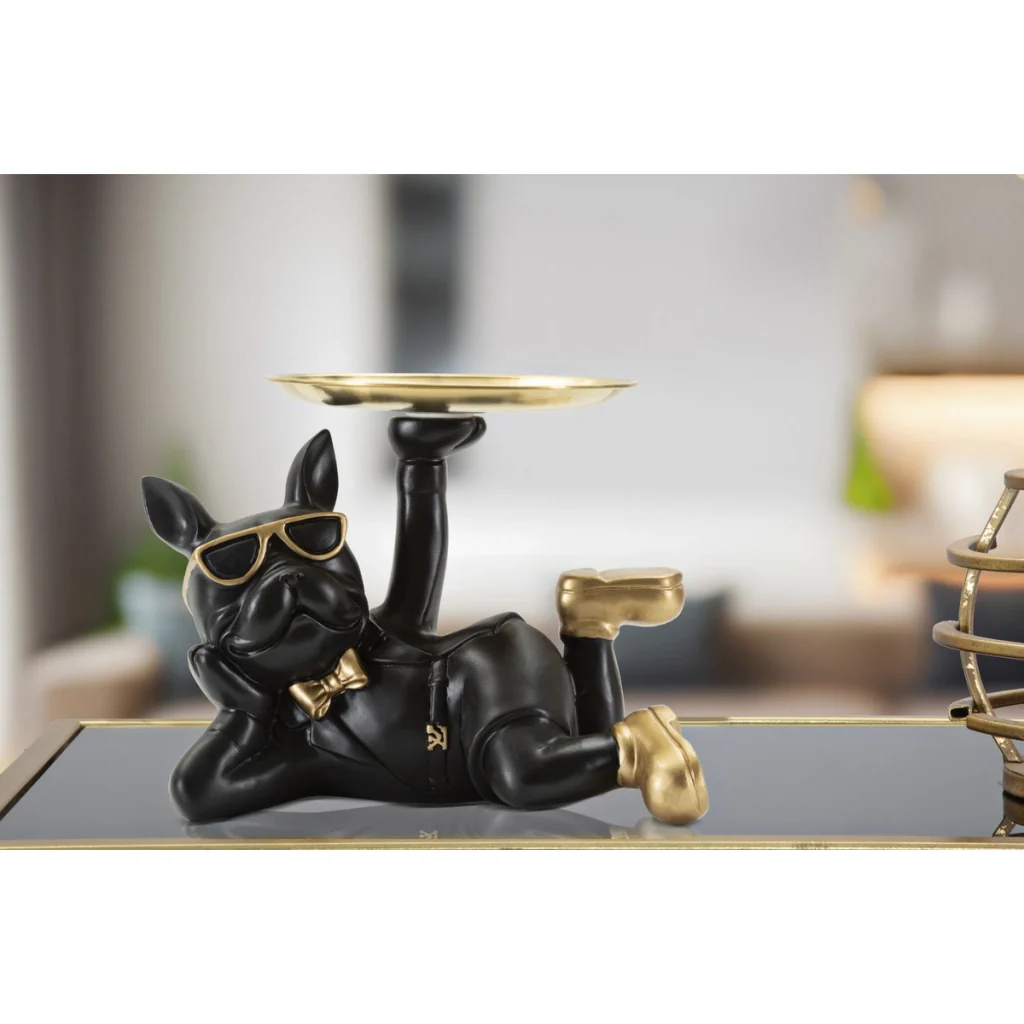 Scultura Cane Rover svuotatasche in resina nera e metallo oro - Image 7