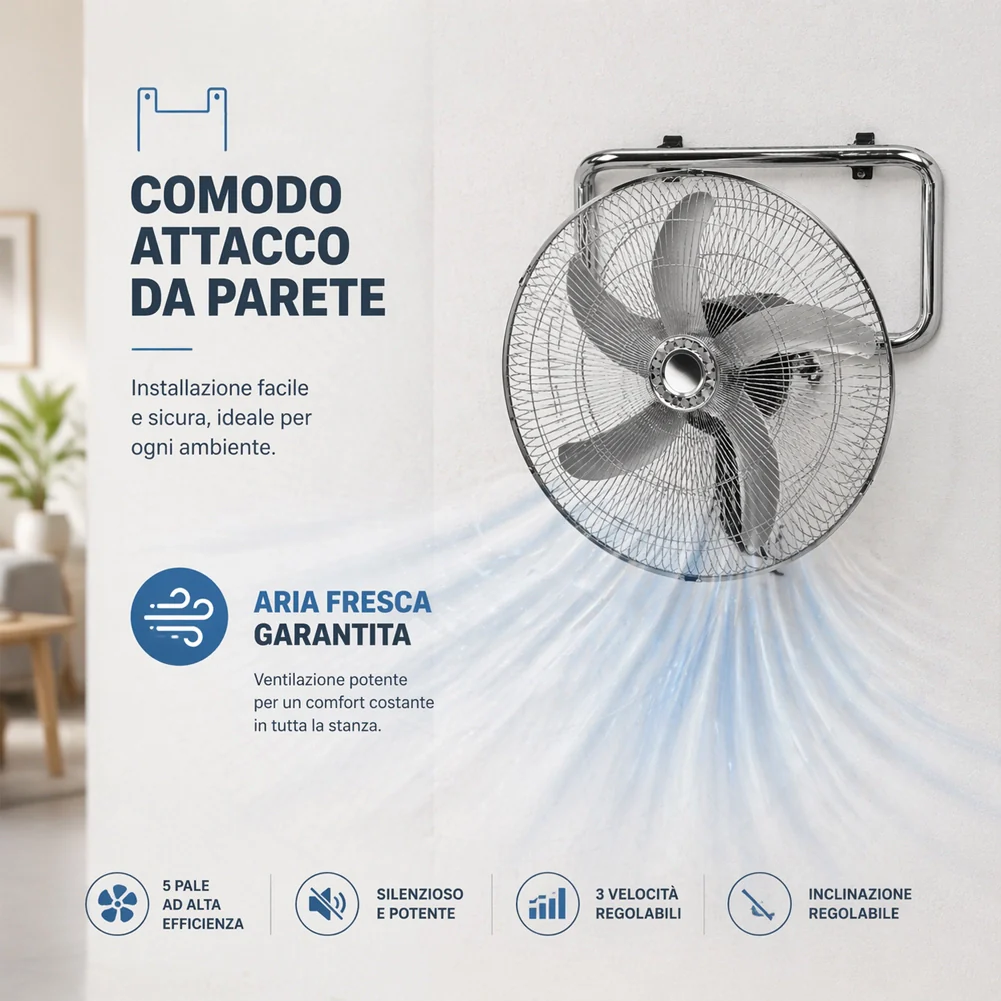 Ventilatore 3in1 Piantana Da tavolo Parete 3 Velocita Oscillazione 50W Pale 50cm - Image 3
