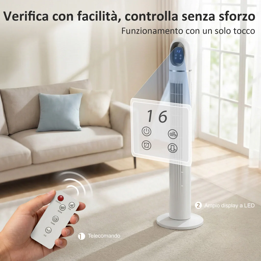 Ventilatore a Torre 31x31x111 cm Oscillante a 70° 4 Modalità 3 VelocitàTimer 24 Ore in PP e ABS Bianco - Image 6