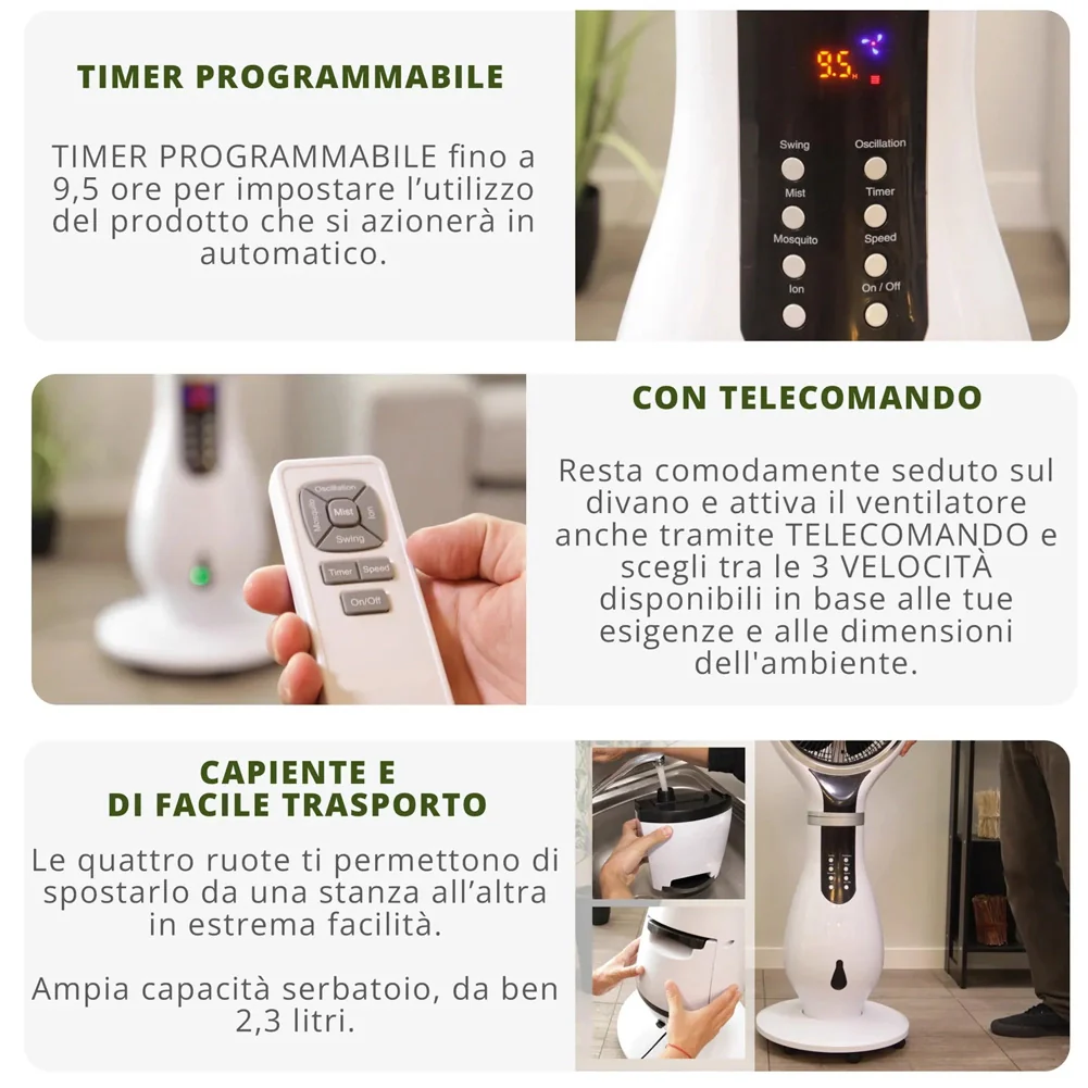 Ventilatore con Ruote Combinato Umidificatore Ioni Anti Zanzare 40x40x110cm - Image 10